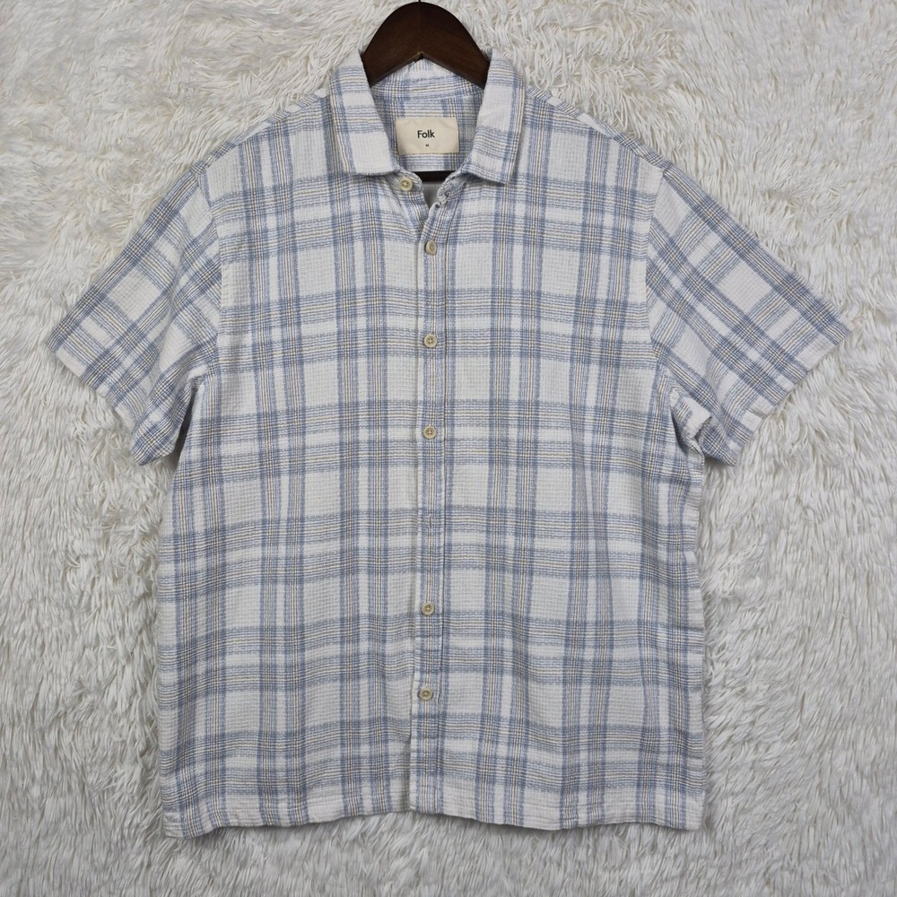 Folk Mens Blue White Plaid Linen Blend Short Sleeve Button Up Shirt Sz M Resort